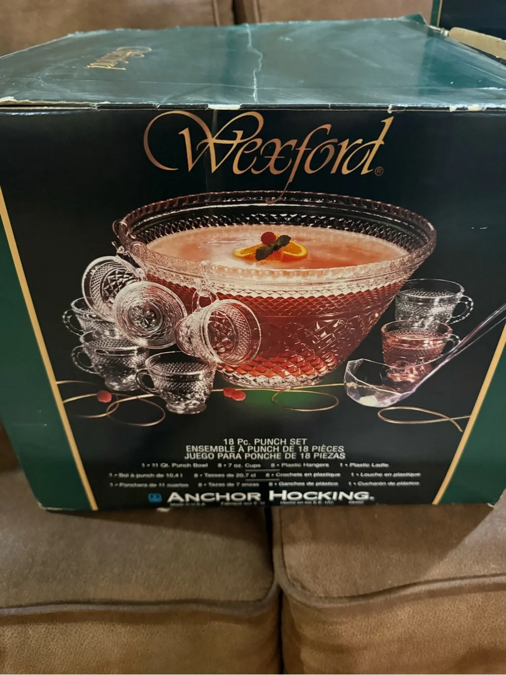 Waterford Crystal-Style 18-Pc Punch Bowl Set in Clear and Pink Glass
